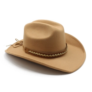 Close-up of camel wool western cowboy hat with leather braided band and knot detail