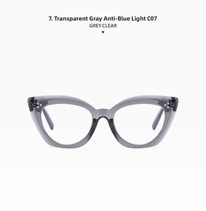Detail of transparent grey cat-eye frames with anti-blue light lenses, model C07
