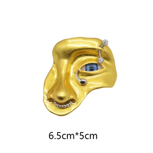 Artistic gold face brooch with blue eye and rhinestones for coats, size 6.5cm by 5cm