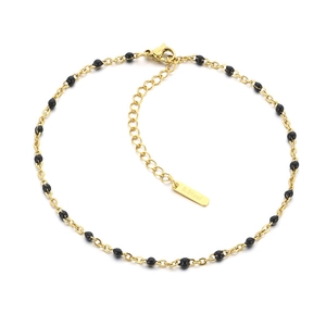 Bohemian gold stainless steel flat cross chain anklet with black drip oil beads