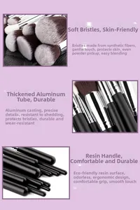 Detail of soft bionic fiber bristles and durable aluminum ferrule of makeup brush set