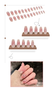 Detailed set of long coffin press-on nails in gradient pink with crystals and pearls