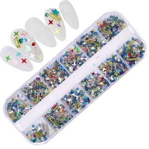 Detailed view of 12-slot nail art set with colorful heart and star charms in box