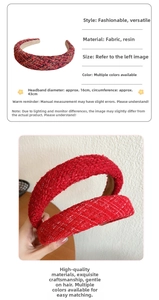 Macro shot showing dimensions of red and black tweed sponge headband with 43cm circumference