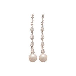 Elegant silver drop earrings with sparkling cubic zirconia and white pearls on white background