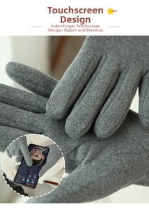 Close-up of gray winter touchscreen gloves showing knit texture and phone use detail