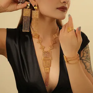 Gold Plated Copper Jewelry Set For Women Geometric Hollow Square Tassel Necklace Earrings Bracelet Ring Ethnic Banquet Jewelry