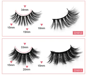 Size chart showing length and arc measurements for D1612 and D1613 false eyelashes