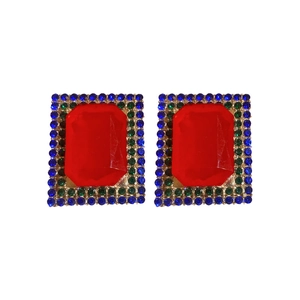 Vintage gold geometric earrings with red crystal and multicolor rhinestone halo