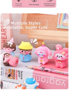 Close-up of cute cartoon pencil sharpener set on a pink book with desktop accessories