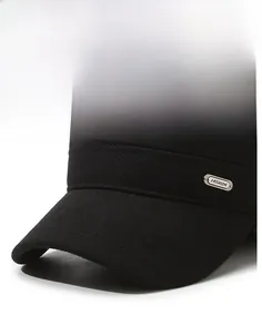 Close-up of winter flat top cap with wool texture and metal Fashion logo tag