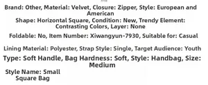 Detailed specifications of velvet handbag with zip closure and polyester lining features