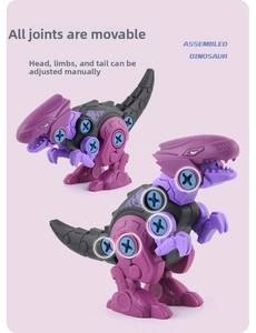 Dettaglio di dinosauro viola fai-da-te con giunti a vite blu e arti mobili snodabili