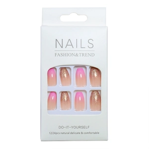 Pink gradient press-on nails with gold glitter in retail packaging box