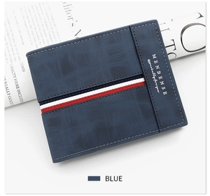 Close-up of blue crosshatch texture wallet with red-white stripes on white background