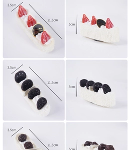 Detail view of artificial cream cake toy showing dimensions of 11.5cm length and textures