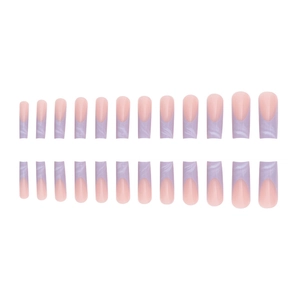 Set of 24 long square-oval fake nails with purple marble texture on nude pink base
