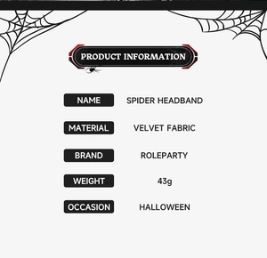 Detail specifications of a 43g spider headband made of velvet fabric for Halloween costumes