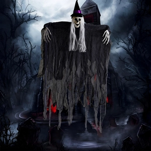 Halloween hanging skeleton ghost with tattered black robes and purple wizard hat decor