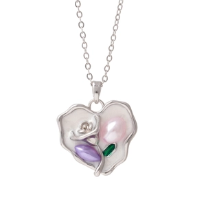 18K gold plated heart pendant necklace with floral enamel pattern and pink pearl detail