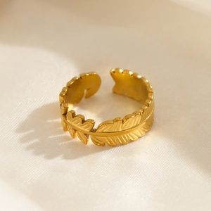 18K gold plated titanium steel leaf ring with vintage feather design and adjustable open fit