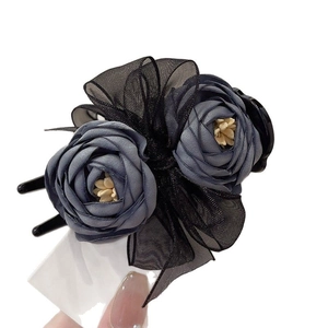 Floral hair claw clip with blue-grey fabric flower and black lace mesh bow tie