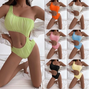 Women One Shoulder One Piece Swimsuit Ribbed Cut Out Monokini With Metal Buckle Sexy Bathing Suit Beachwear