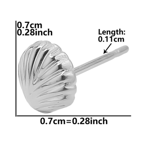 Detailed macro shot of a shell-shaped 304 stainless steel stud earring with size labels