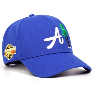 Close-up of blue baseball cap featuring white A embroidery and Los Angeles side patch