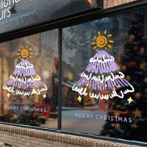 Christmas Tree Window Clings PVC Static Stickers Merry Christmas Lettering Glass Door Decor Hand-drawn Holiday Decor