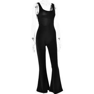 Detail of black U-neck backless bodysuit featuring slim fit high waist and flared legs