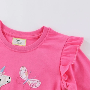 T-shirt rose à manches longues pour filles avec volants et broderie papillon