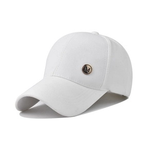 Classic white baseball cap with bronze M logo side detail and curved visor profile