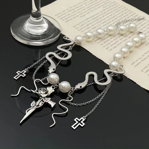 Gothic multilayer necklace with silver snake, cross pendants and elegant white pearls