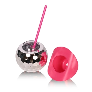 Silver disco ball cup with a pink cowboy hat lid and pink straw for party use