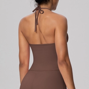 Brown high-stretch halter yoga bra with back-tie bow and open back for fitness
