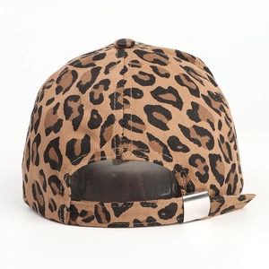 Detail view of leopard print baseball cap with adjustable metal buckle on the back