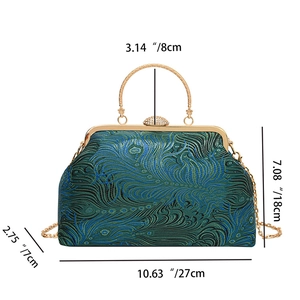Detailed size guide of blue-green peacock pattern handbag with golden chain strap
