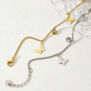 Elegant stainless steel butterfly anklet with zircon charms in gold and silver finish