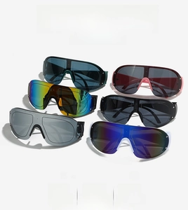 Detailed view of colorful one-piece cycling sunglasses with waterproof coating lenses