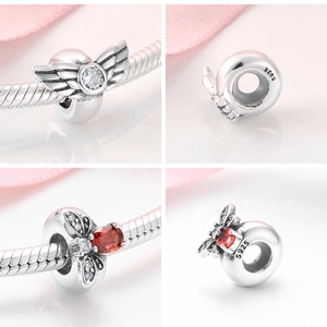 Detailed views of S925 sterling silver insect charms with sparkling zircon gemstones