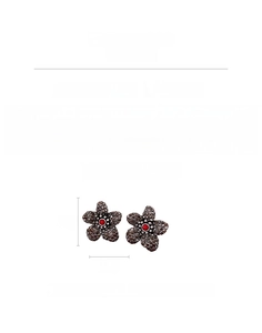 Detailed view of vintage flower earrings with dark rhinestones and dimensions 3cm x 3cm
