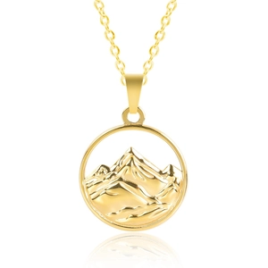 Macro shot of 18K gold stainless steel circular mountain pendant with mirror reflection