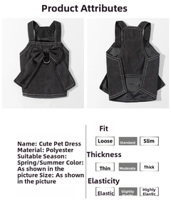 Detailed chart of dog denim dress with back bow and metal D-ring for leash attachment