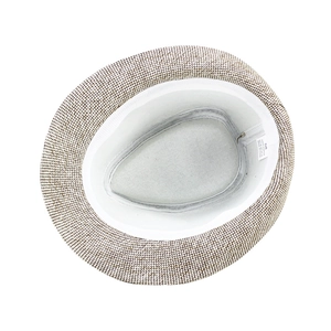 Internal detail of Panama straw hat showing white sweatband and 58cm size label