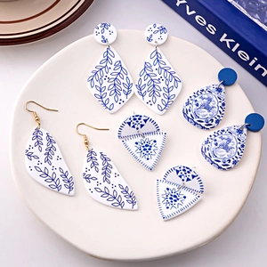 Blue and white porcelain style acrylic geometric earrings in various elegant shapes