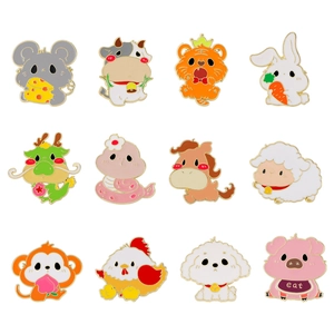 Set of 12 cute zodiac enamel pins featuring cartoon animals in a 3x4 grid arrangement