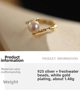 Macro shot of S925 silver bamboo-textured ring with a lustrous freshwater pearl