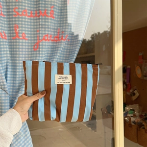 Detail of blue and brown striped canvas makeup bag held by hand in a lifestyle setting