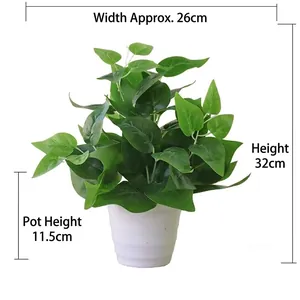 Artificial heart-shaped green leaves in white textured pot, 32cm height decor